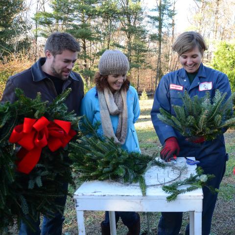 Christmas wreaths being sold at a Tennessee Christmas tree farm