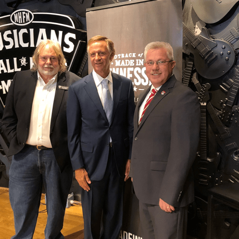 Left to right: Joe Chambers, director of the Musician’s Hall of Fame and Museum; Gov. Bill Haslam; Commissioner Kevin Triplett, Tennessee Department of Tourist Development following the record-setting announcement of economic impact at Musician’s Hall of Fame and Museum in Nashville.