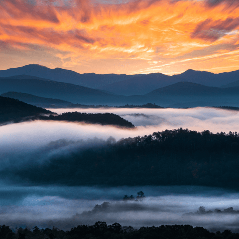 sunset at Great Smoky Mountains. Fog on the mountains